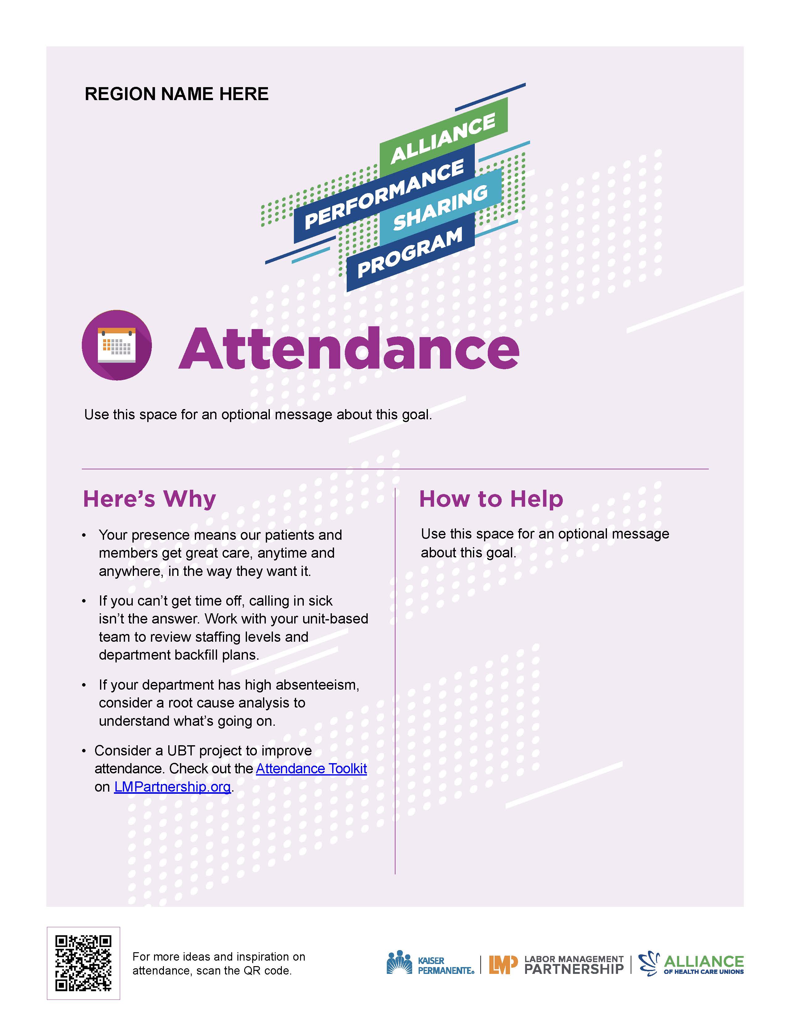 Poster promoting employee attendance with a QR code for ideas.