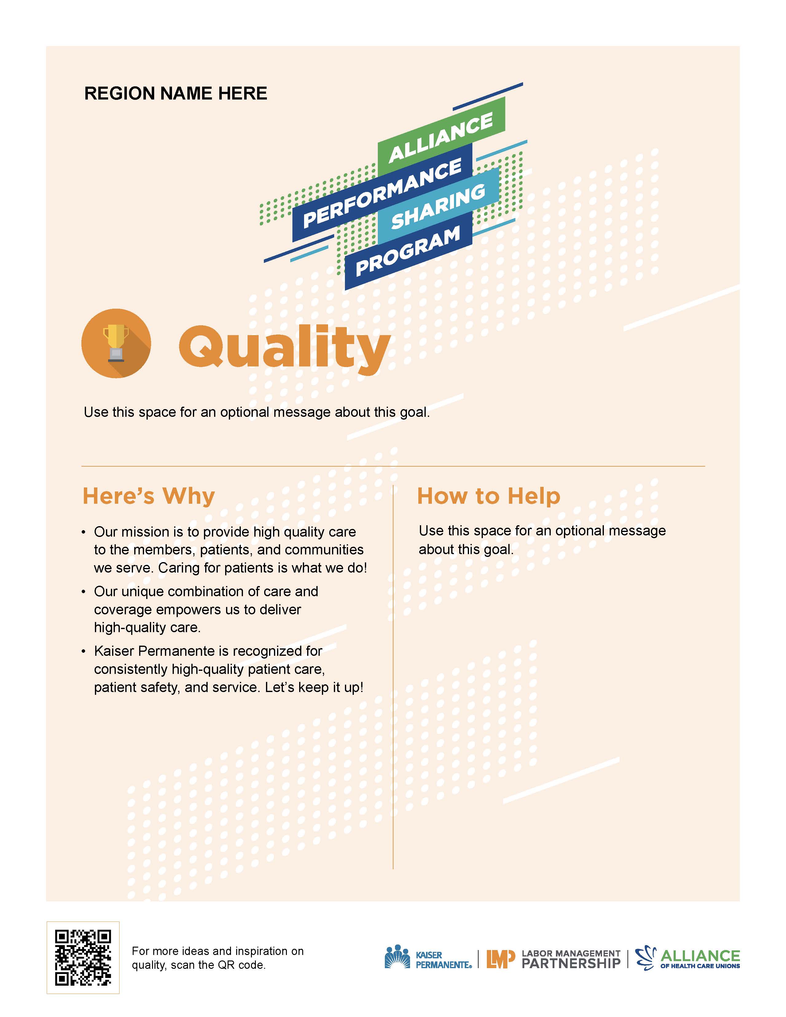 Poster about providing quality care with a QR code for ideas.
