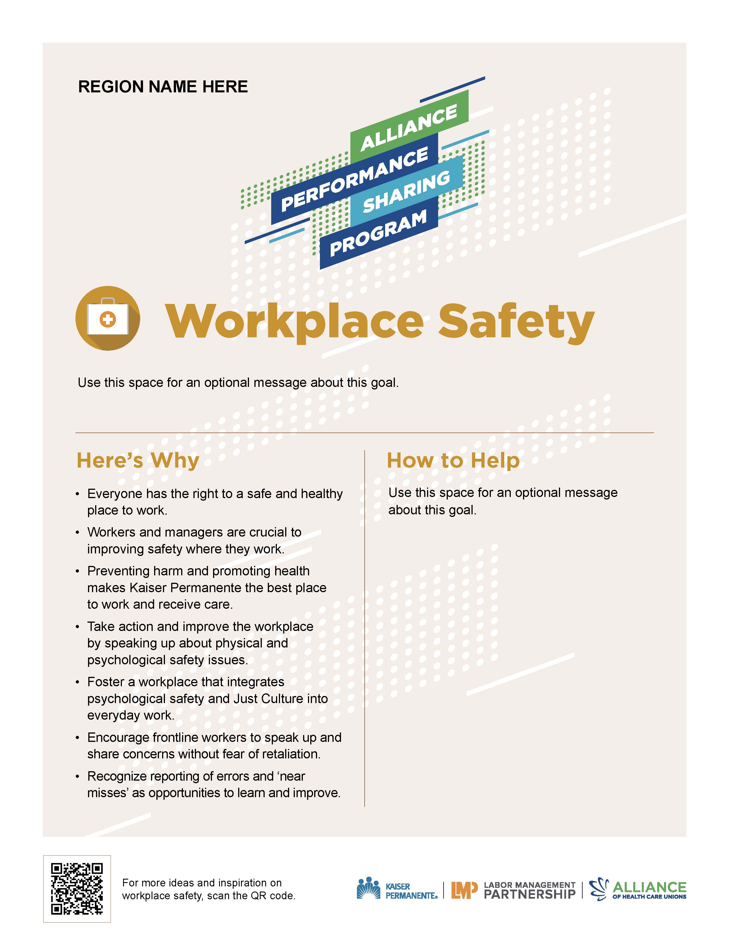 Poster about making the workplace safer with a QR code for ideas.