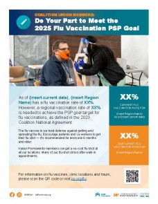 Flier promoting 2025 flu shots for Coalition union members with QR code and kp.org/flu link.