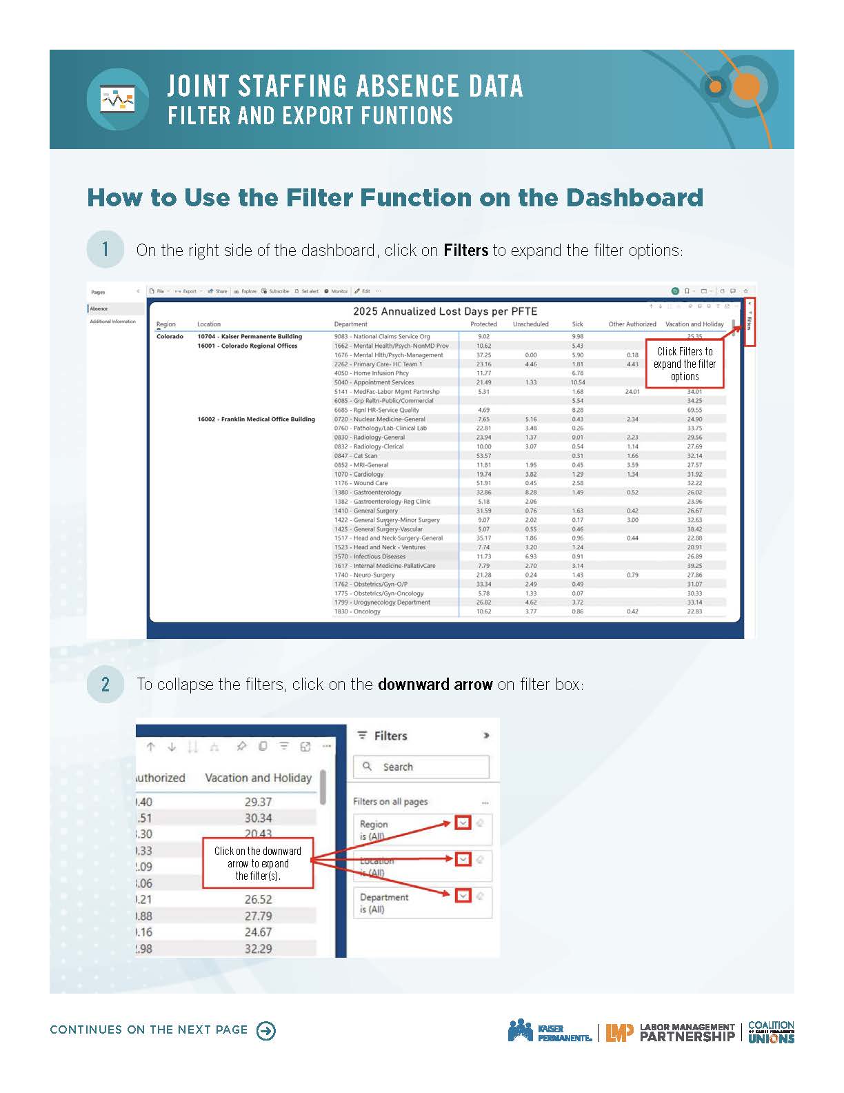 Dashboard filter and export steps.