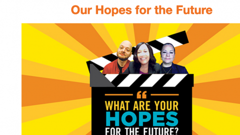 Three people appear atop a clapperboard labelled "What are your hopes for the future?"