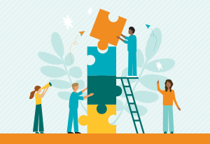 art with people putting together puzzle pieces