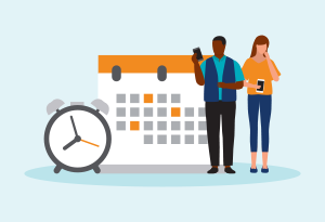 image 2 people a clock and a calendar on a blue background