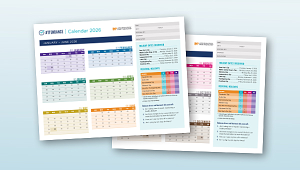 colorful 2 page calendar on blue background