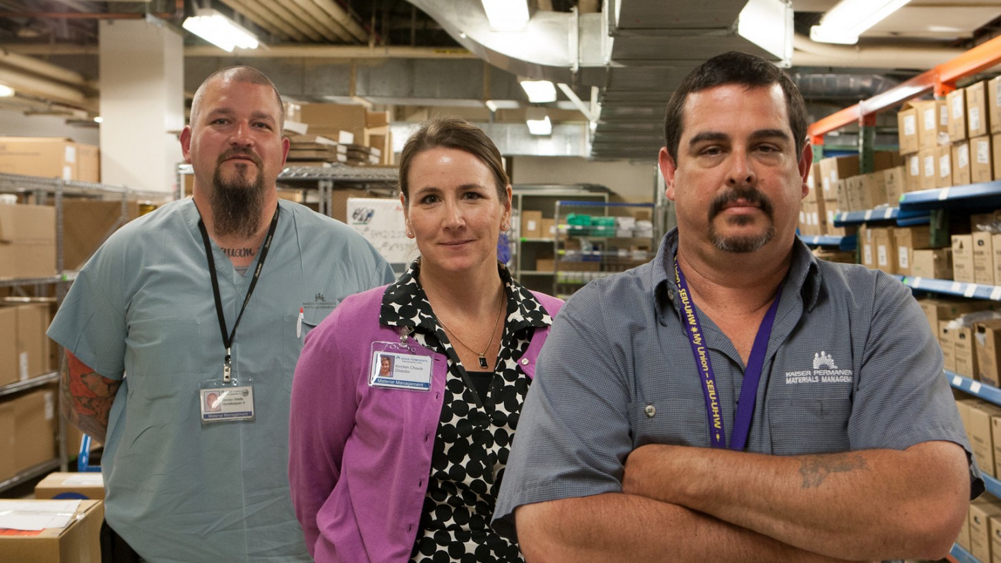 Material Management. L-R) Storekeeper 2 Steve Wells. UHW; Director Kristen Chavis. Management; and Chief Storekeeper Jeff Hayes. UHW
